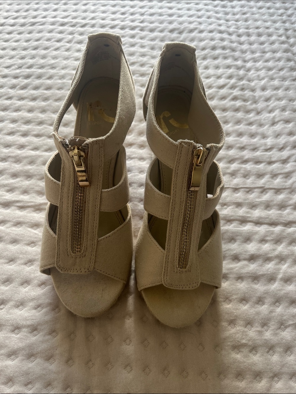 Report Beige Canvas Front-Zip Wedge Sandals